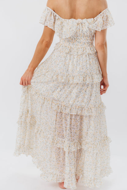 Astrid Ruffle Detail Maxi Dress in Yellow Floral  - Bump Friendly