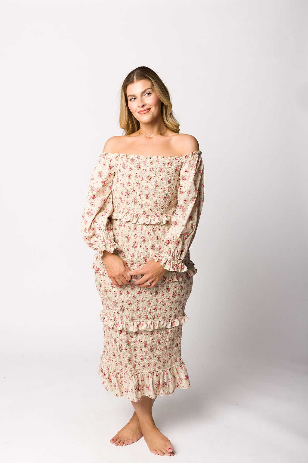 Lila Floral Printed Smocked Midi Dress in Pink - Bump Friendly