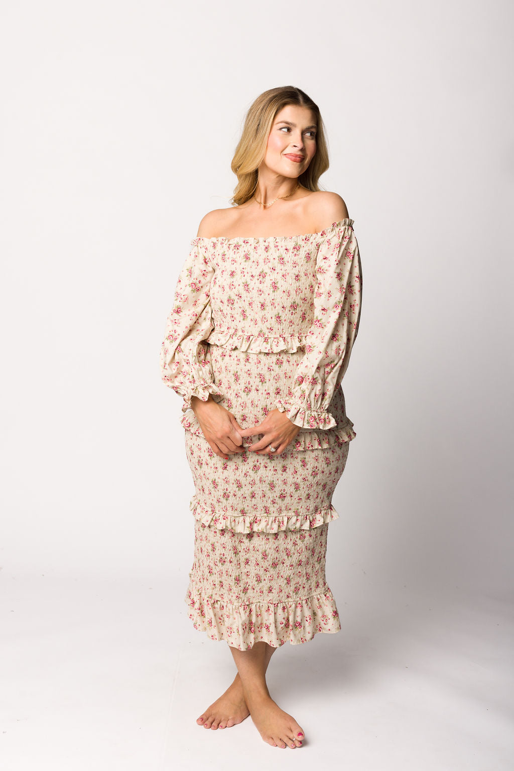 Lila Floral Printed Smocked Midi Dress in Pink - Bump Friendly