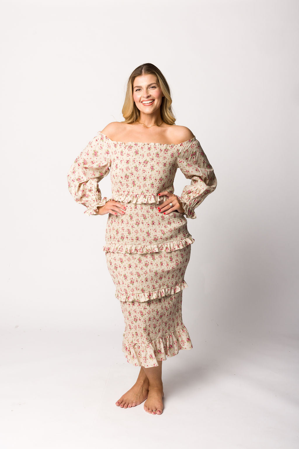 Lila Floral Printed Smocked Midi Dress in Pink - Bump Friendly