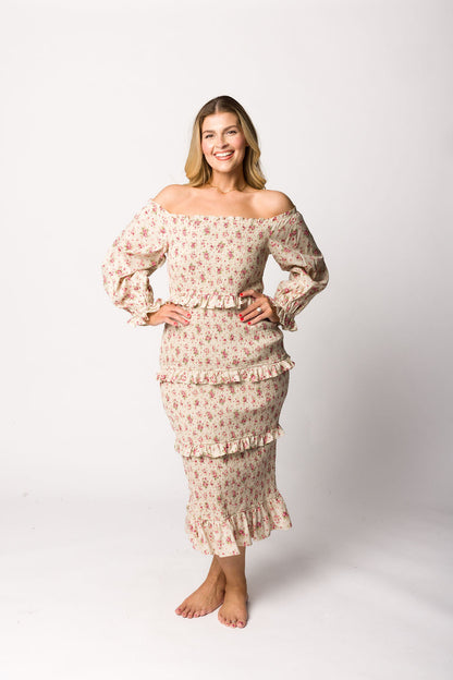Lila Floral Printed Smocked Midi Dress in Pink - Bump Friendly