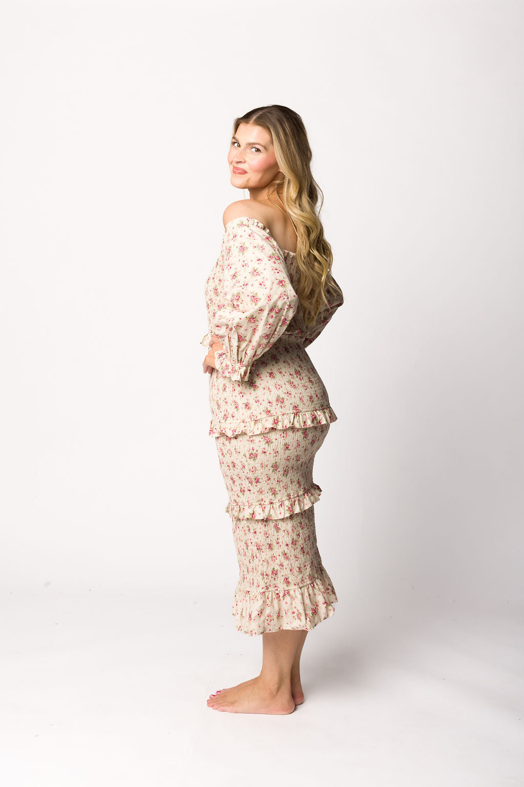 Lila Floral Printed Smocked Midi Dress in Pink - Bump Friendly