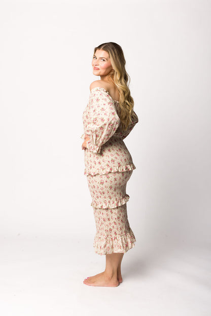 Lila Floral Printed Smocked Midi Dress in Pink - Bump Friendly