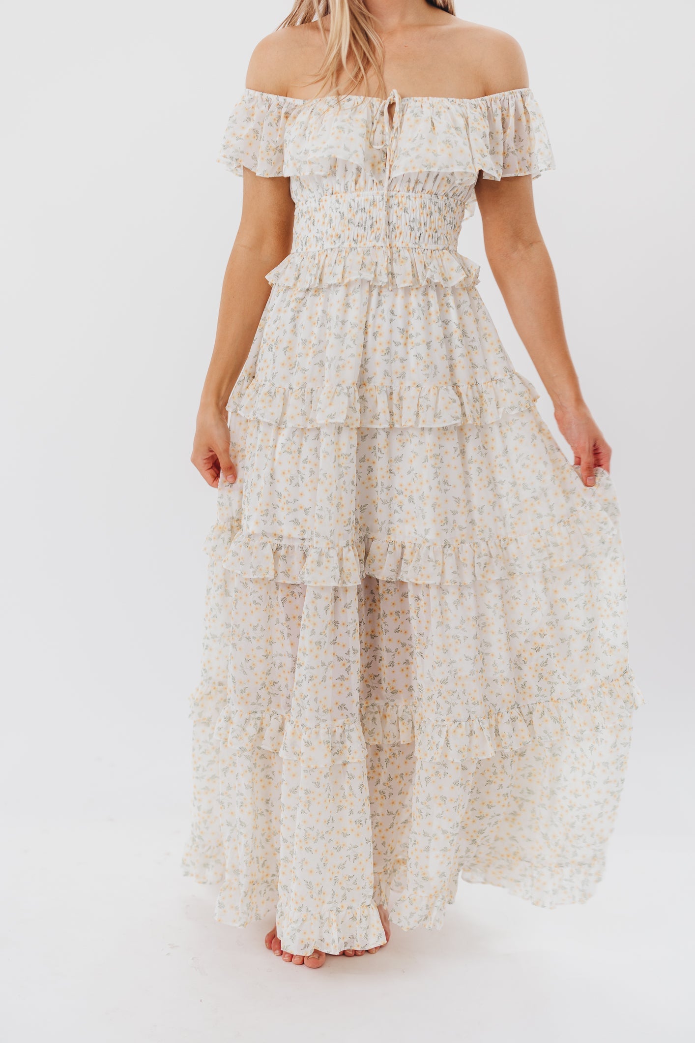Astrid Ruffle Detail Maxi Dress in Yellow Floral  - Bump Friendly
