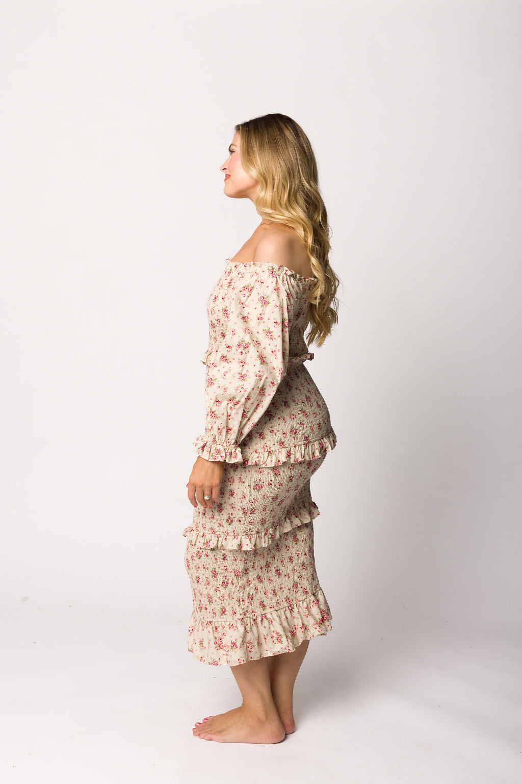 Lila Floral Printed Smocked Midi Dress in Pink - Bump Friendly