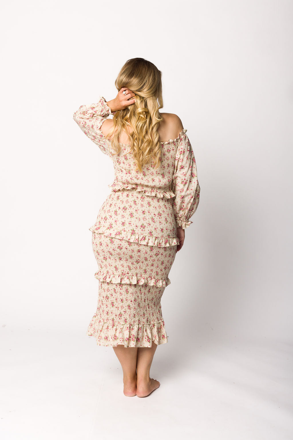 Lila Floral Printed Smocked Midi Dress in Pink - Bump Friendly