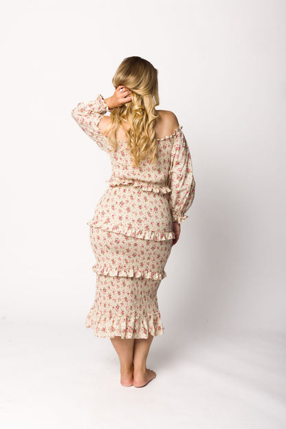 Lila Floral Printed Smocked Midi Dress in Pink - Bump Friendly