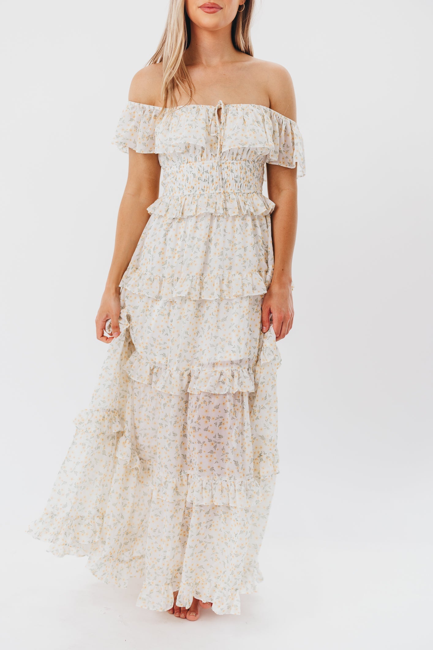 Astrid Ruffle Detail Maxi Dress in Yellow Floral  - Bump Friendly