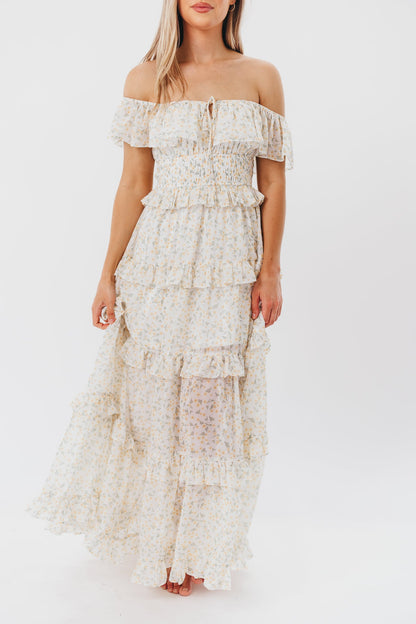 Astrid Ruffle Detail Maxi Dress in Yellow Floral  - Bump Friendly