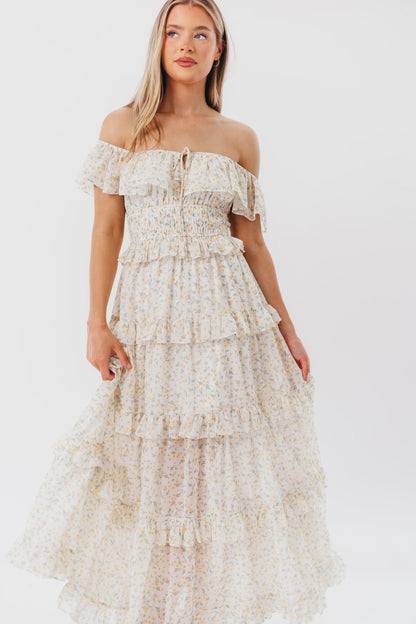 Astrid Ruffle Detail Maxi Dress in Yellow Floral  - Bump Friendly
