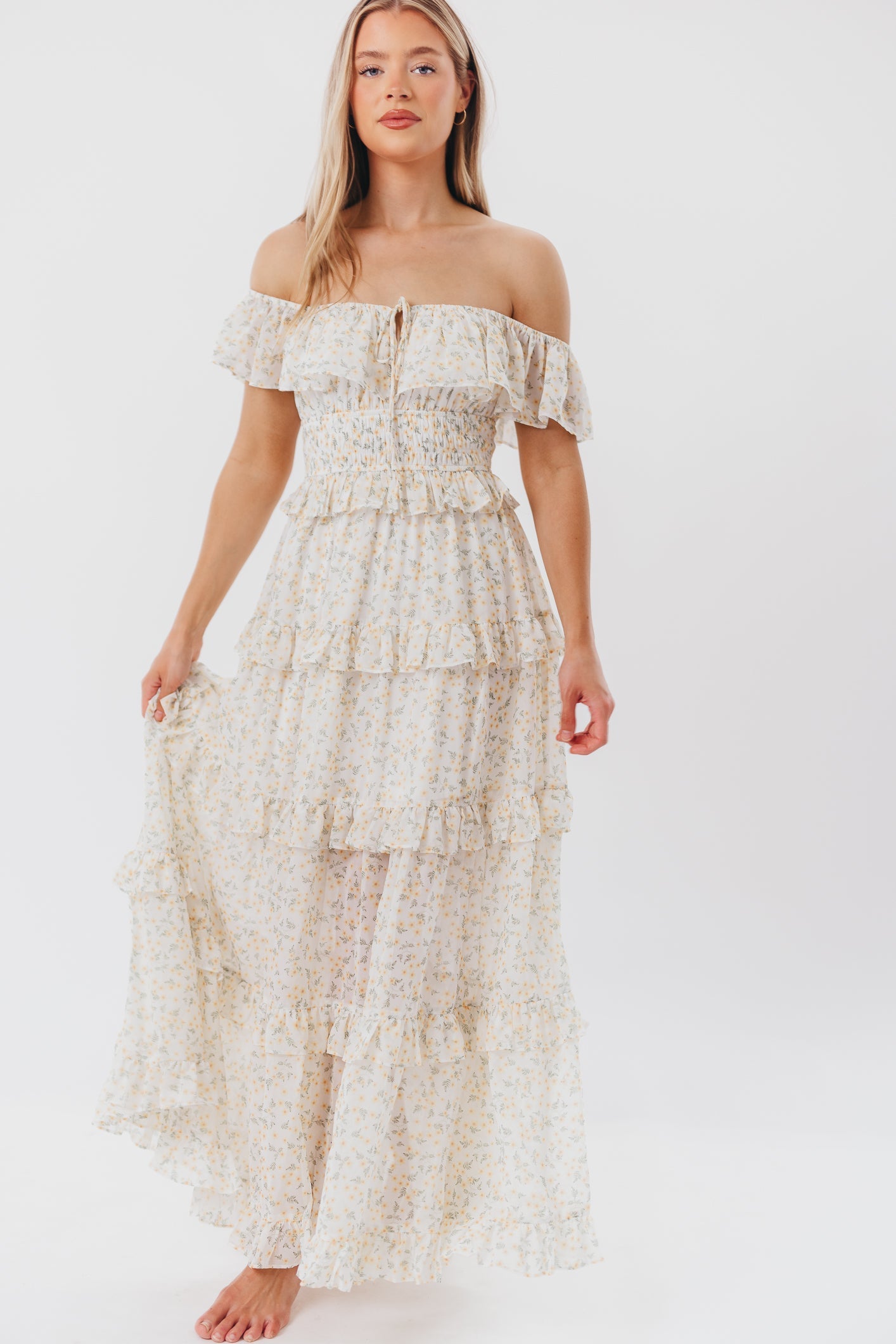 Astrid Ruffle Detail Maxi Dress in Yellow Floral  - Bump Friendly