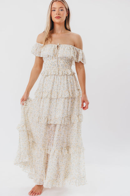 Astrid Ruffle Detail Maxi Dress in Yellow Floral  - Bump Friendly