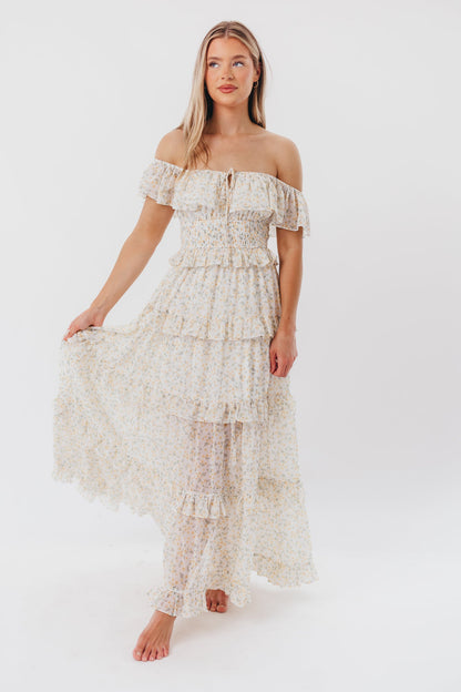 Astrid Ruffle Detail Maxi Dress in Yellow Floral  - Bump Friendly