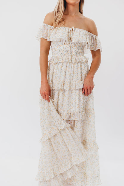 Astrid Ruffle Detail Maxi Dress in Yellow Floral  - Bump Friendly
