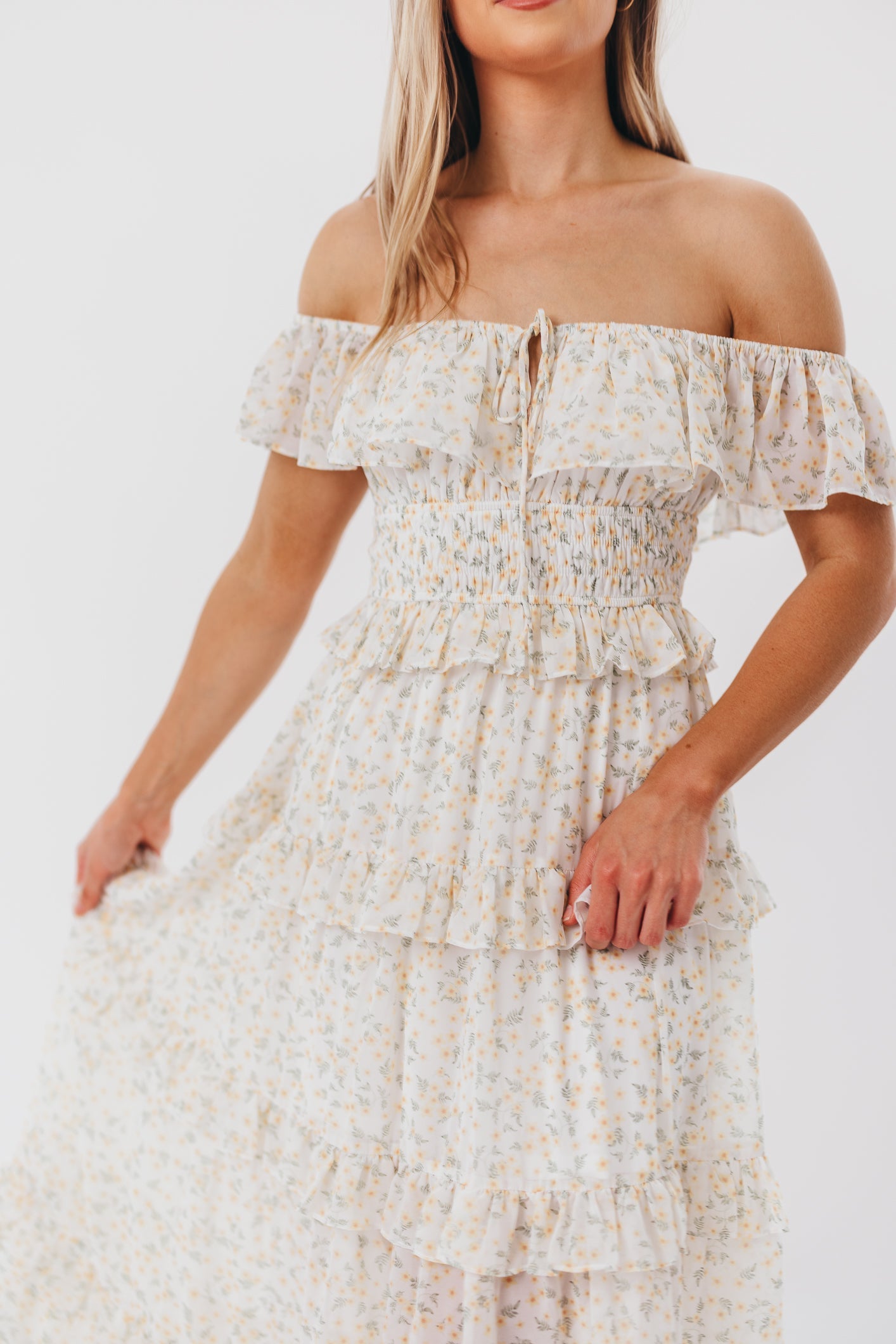 Astrid Ruffle Detail Maxi Dress in Yellow Floral  - Bump Friendly