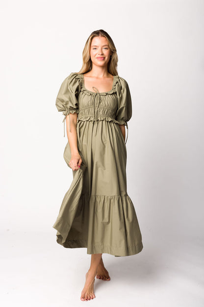 Crissy Ruched Midi Dress in Dusty Olive - Bump Friendly