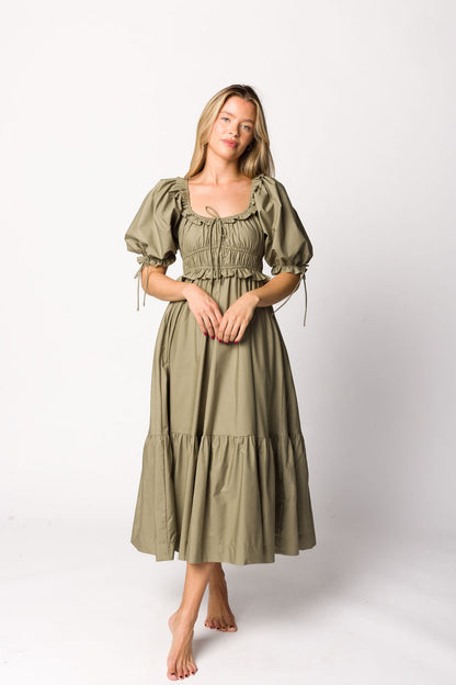 Crissy Ruched Midi Dress in Dusty Olive - Bump Friendly