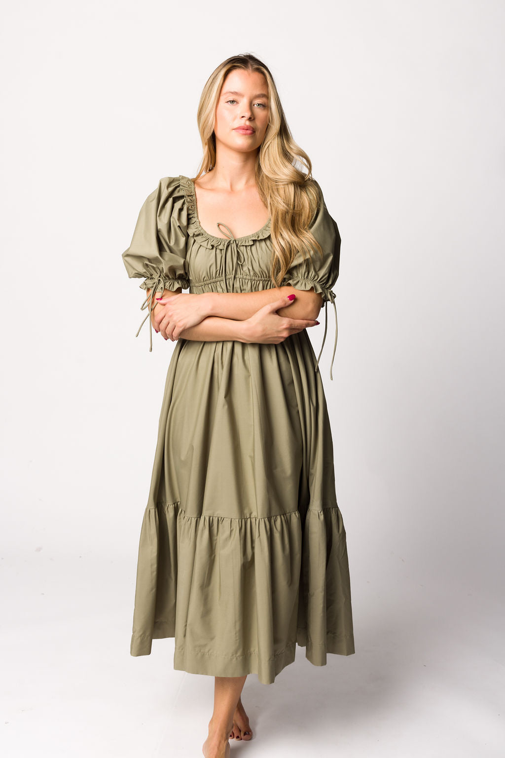 Crissy Ruched Midi Dress in Dusty Olive - Bump Friendly