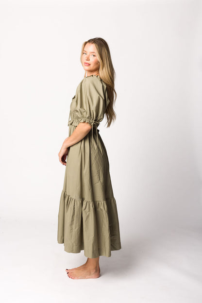 Crissy Ruched Midi Dress in Dusty Olive - Bump Friendly