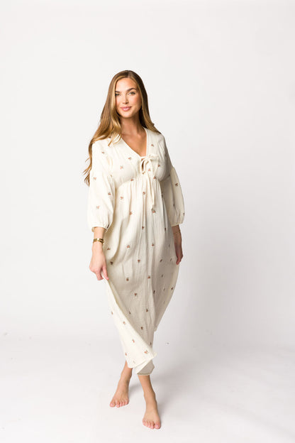 Hunter 100% Cotton Gauze Midi Dress in Soy/Pink Floral - Bump Friendly