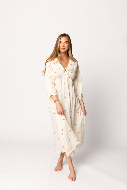 Hunter 100% Cotton Gauze Midi Dress in Soy/Pink Floral - Bump Friendly