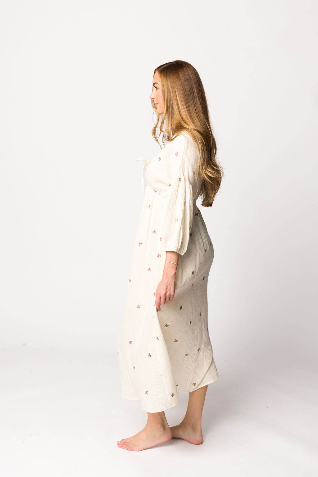 Hunter 100% Cotton Gauze Midi Dress in Soy/Pink Floral - Bump Friendly