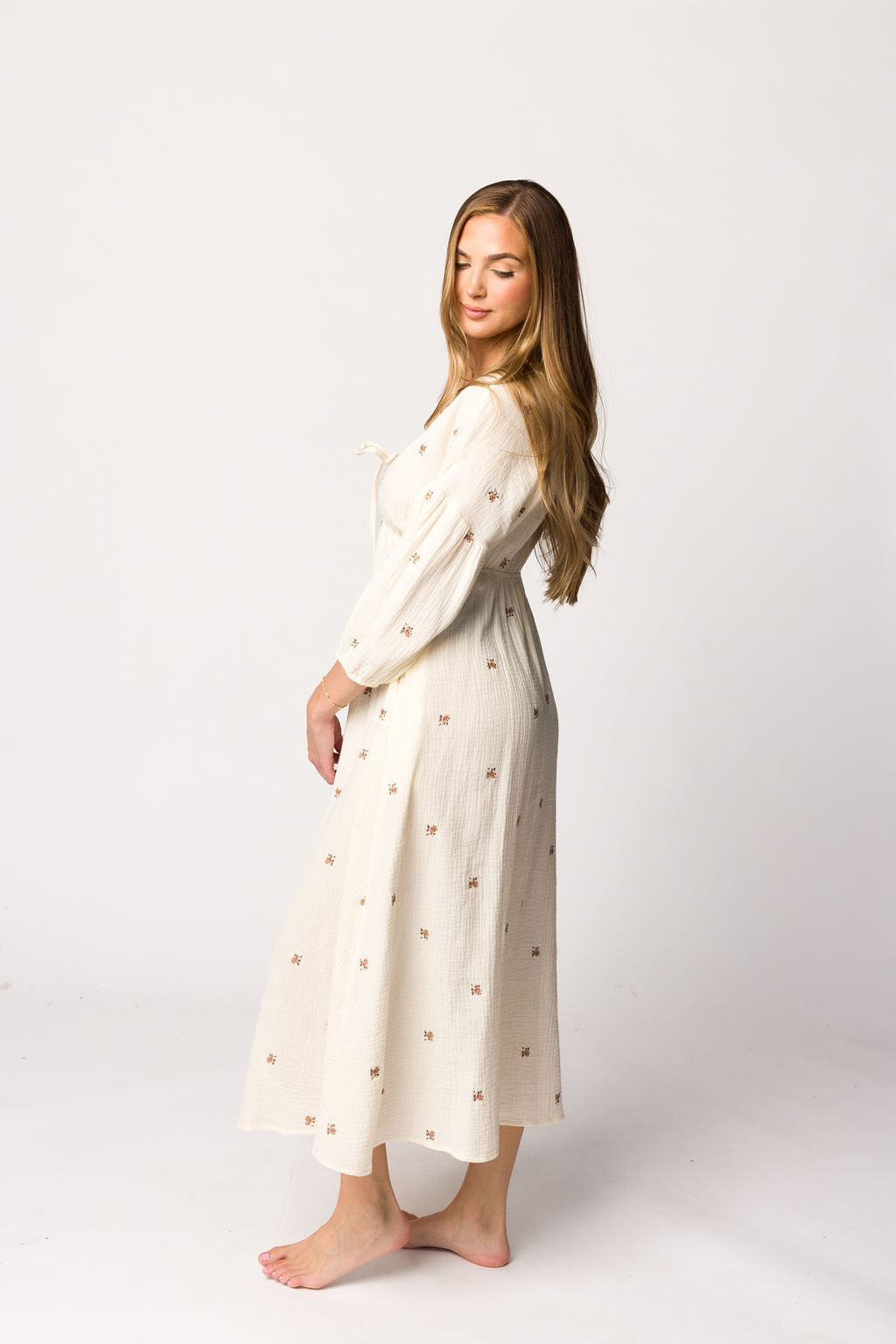 Hunter 100% Cotton Gauze Midi Dress in Soy/Pink Floral - Bump Friendly