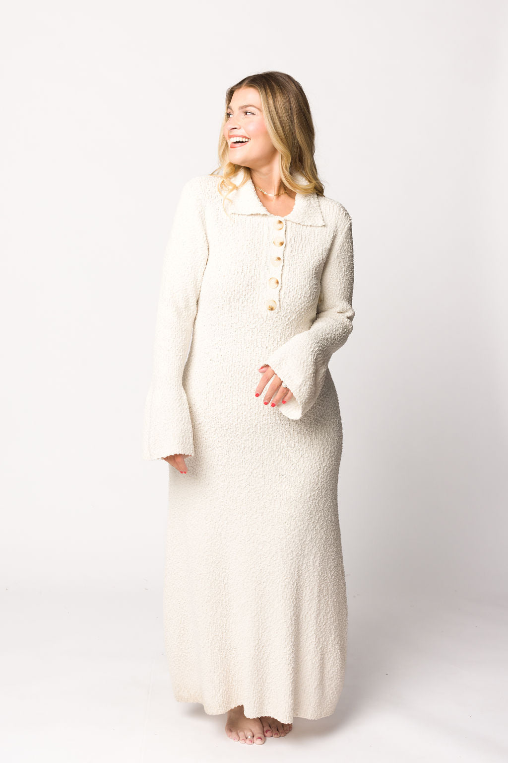 Courtney Boucle Maxi Shirt Dress in Cream- Nursing Friendly
