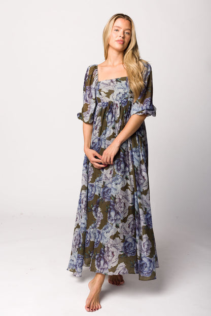 Mona Maxi Dress in Olive/Blue Floral - Bump Friendly *9/30 PRE-ORDER*
