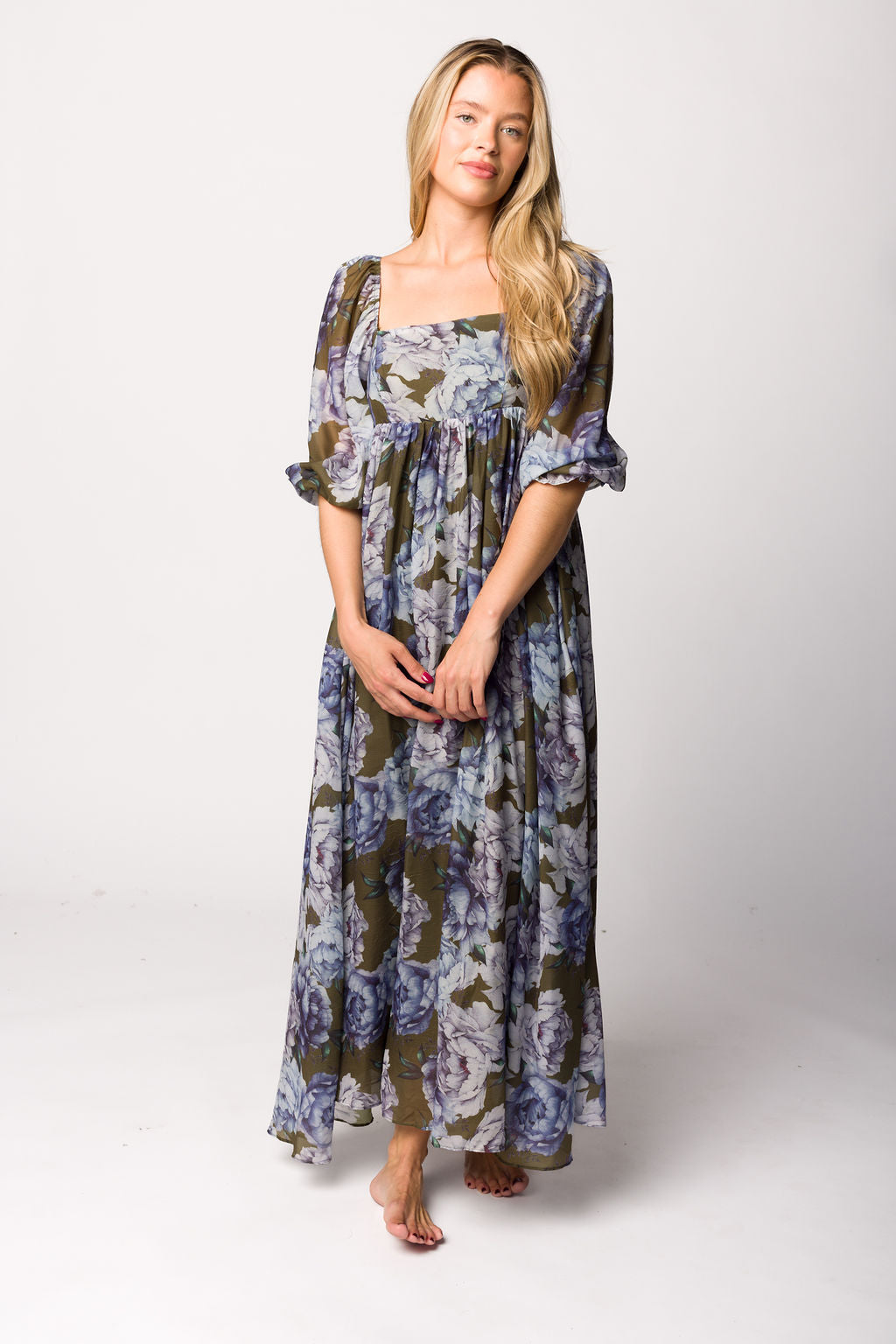 Mona Maxi Dress in Olive/Blue Floral - Bump Friendly *9/30 PRE-ORDER*