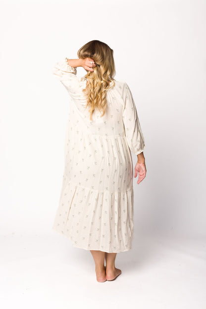 Avery Tiered Linen-Blend Midi Dress in Soy/Sage Foliage - Bump Friendly and Inclusive Sizing