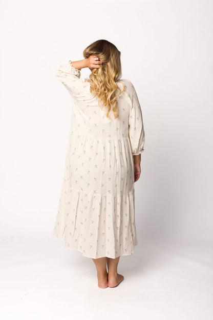 Avery Tiered Linen-Blend Midi Dress in Soy/Sage Foliage - Bump Friendly and Inclusive Sizing