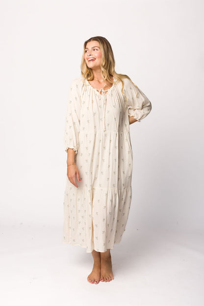 Avery Tiered Linen-Blend Midi Dress in Soy/Sage Foliage - Bump Friendly and Inclusive Sizing