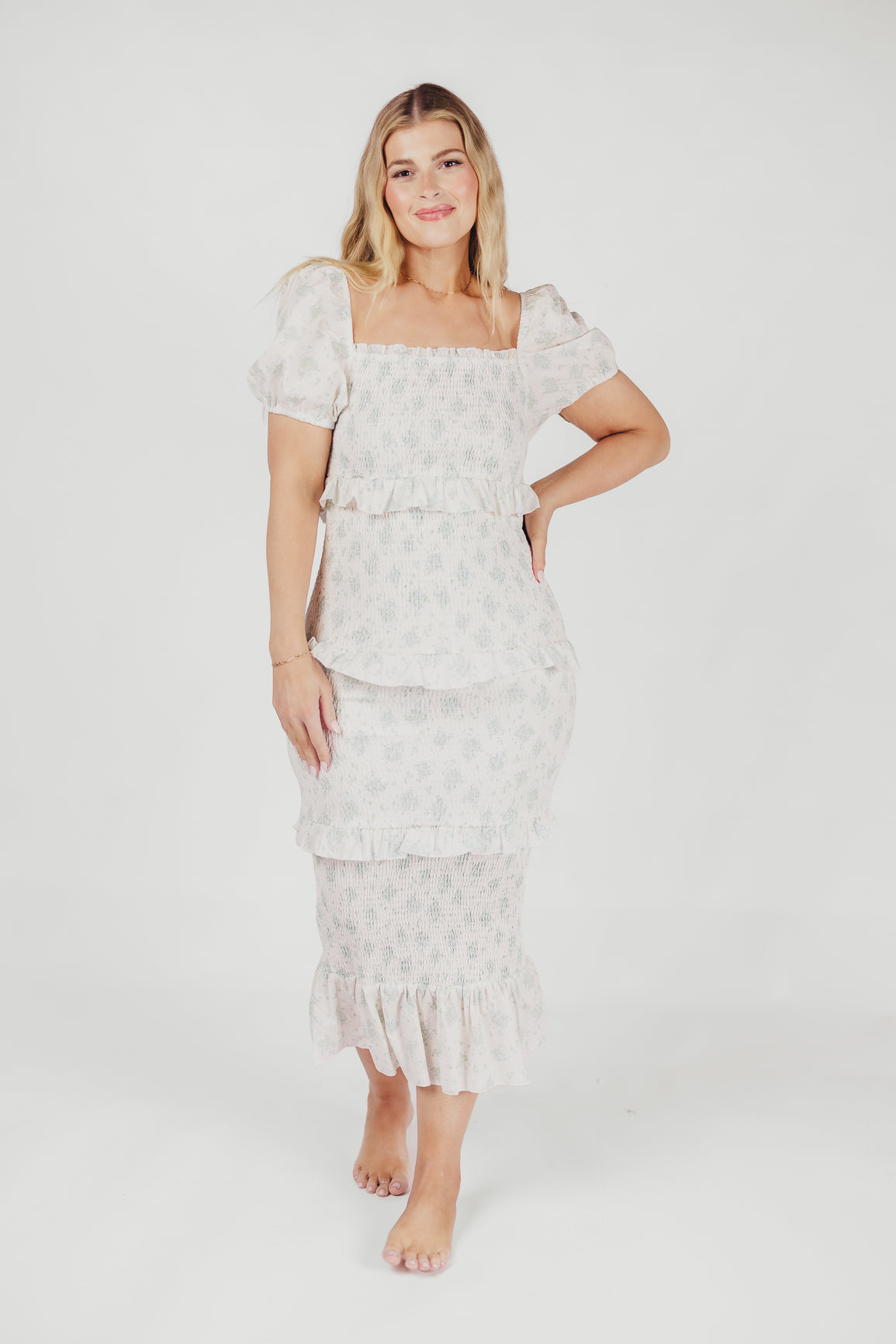 Ada Smocked Dress in Blue Floral- Bump Friendly & Inclusive Sizing (S-3XL)
