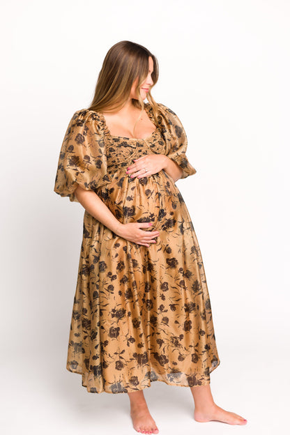 Harlow Camel & Black Floral Maxi Dress with Stretchy Neckline - Bump Friendly