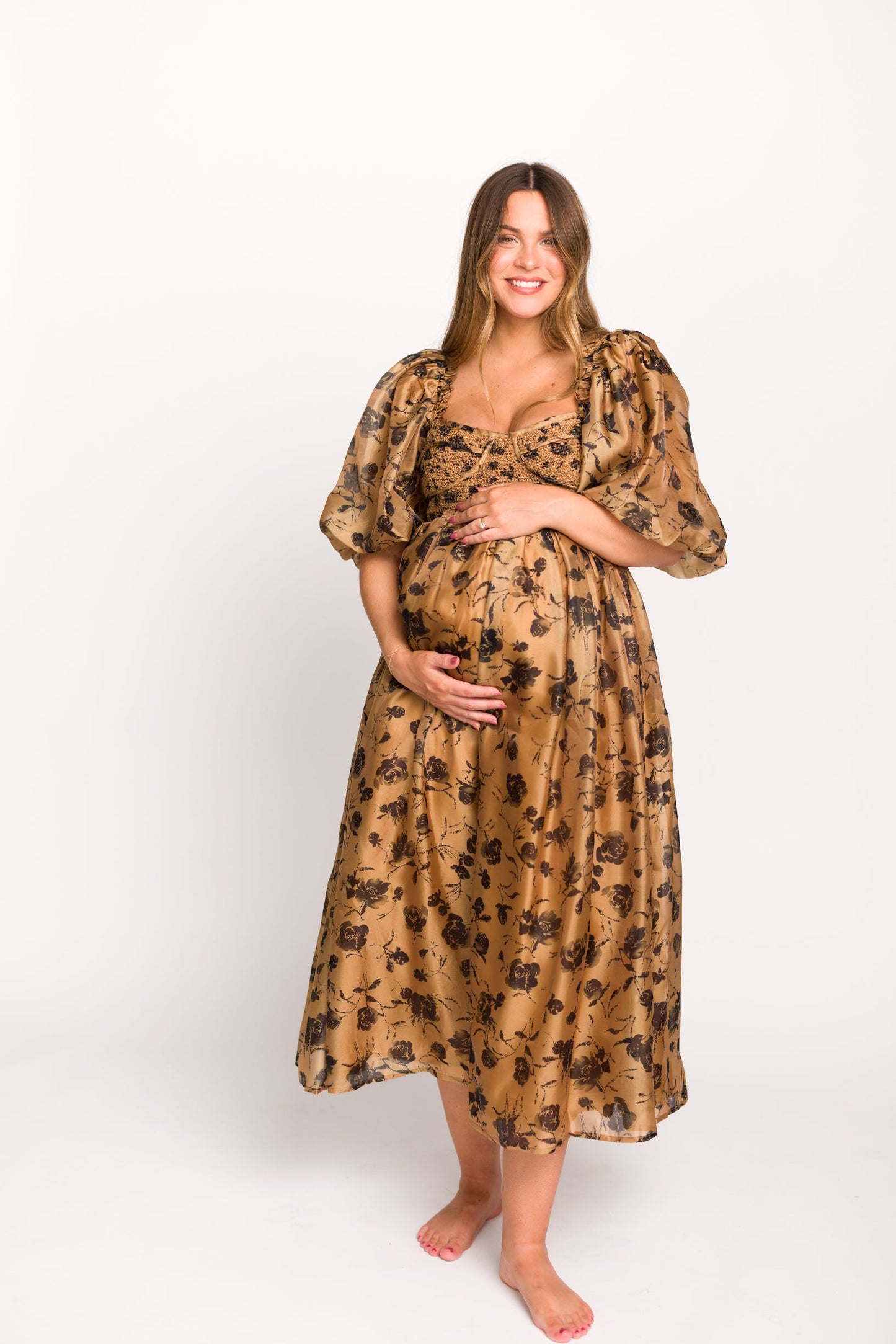 Harlow Camel & Black Floral Maxi Dress with Stretchy Neckline - Bump Friendly