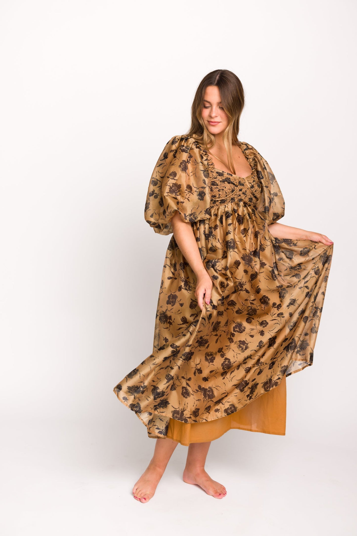 Harlow Camel & Black Floral Maxi Dress with Stretchy Neckline - Bump Friendly