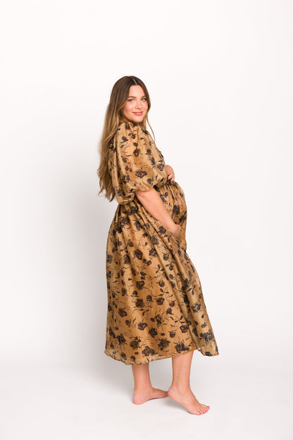 Harlow Camel & Black Floral Maxi Dress with Stretchy Neckline - Bump Friendly