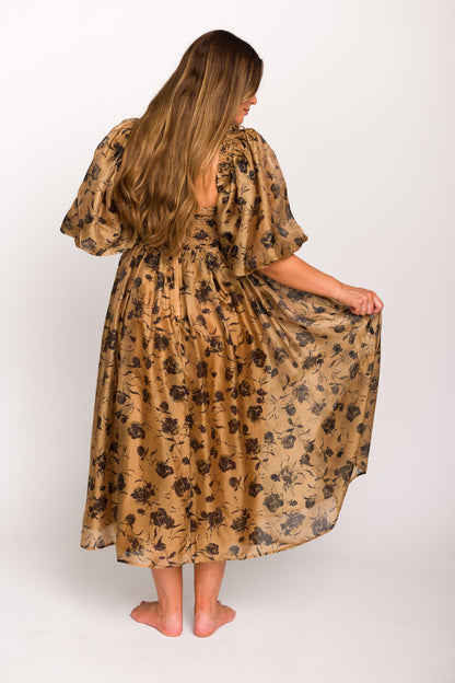 Harlow Camel & Black Floral Maxi Dress with Stretchy Neckline - Bump Friendly