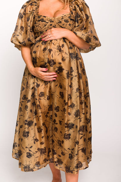 Harlow Camel & Black Floral Maxi Dress with Stretchy Neckline - Bump Friendly