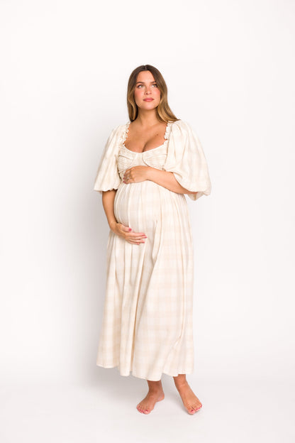 Harlow Maxi Dress in Natural Plaid - Bump Friendly