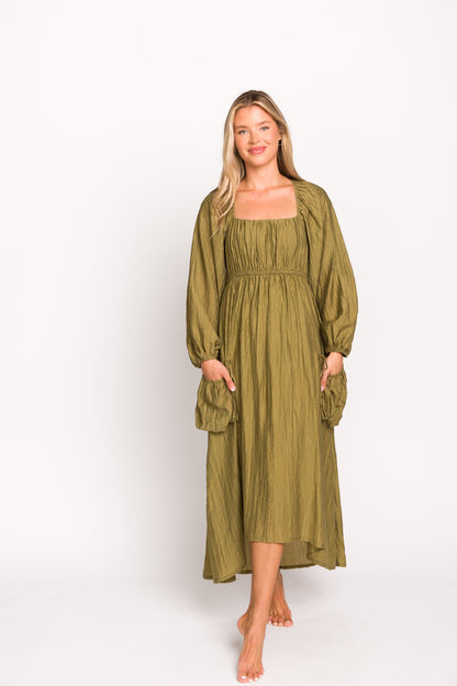 Ariana Long Sleeved Maxi Dress with Slouchy Pocket in Olive
