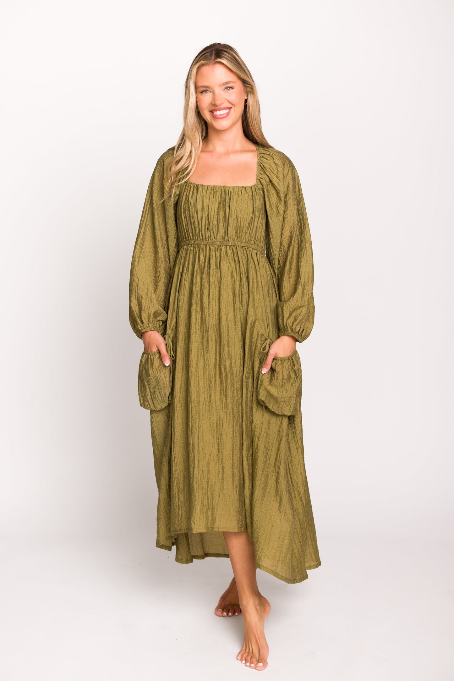 Ariana Long Sleeved Maxi Dress with Slouchy Pocket in Olive