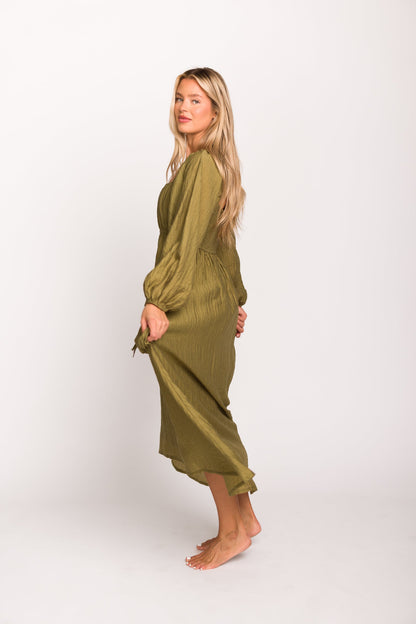 Ariana Long Sleeved Maxi Dress with Slouchy Pocket in Olive