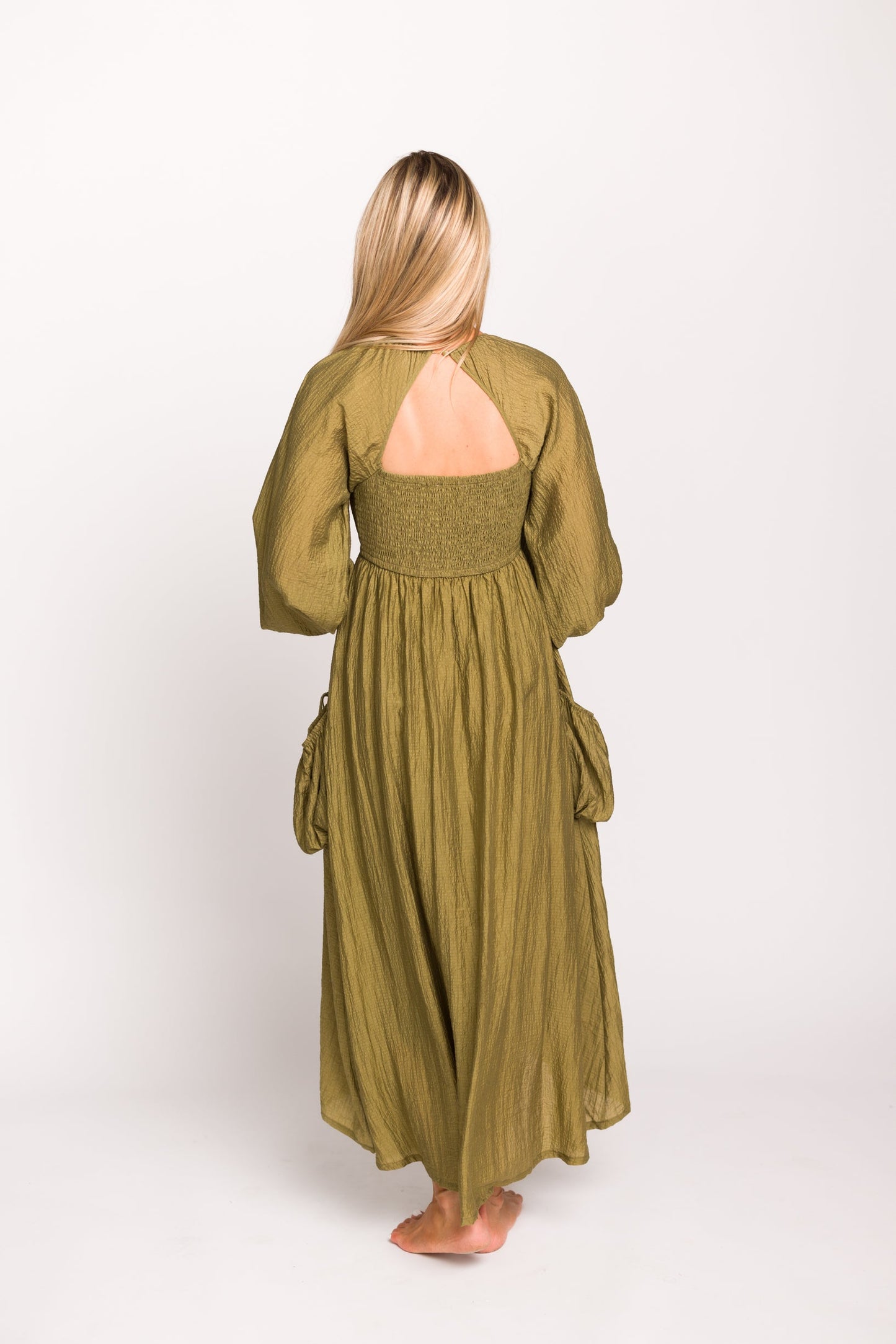 Ariana Long Sleeved Maxi Dress with Slouchy Pocket in Olive