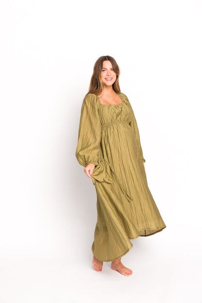 Ariana Long Sleeved Maxi Dress with Slouchy Pocket in Olive