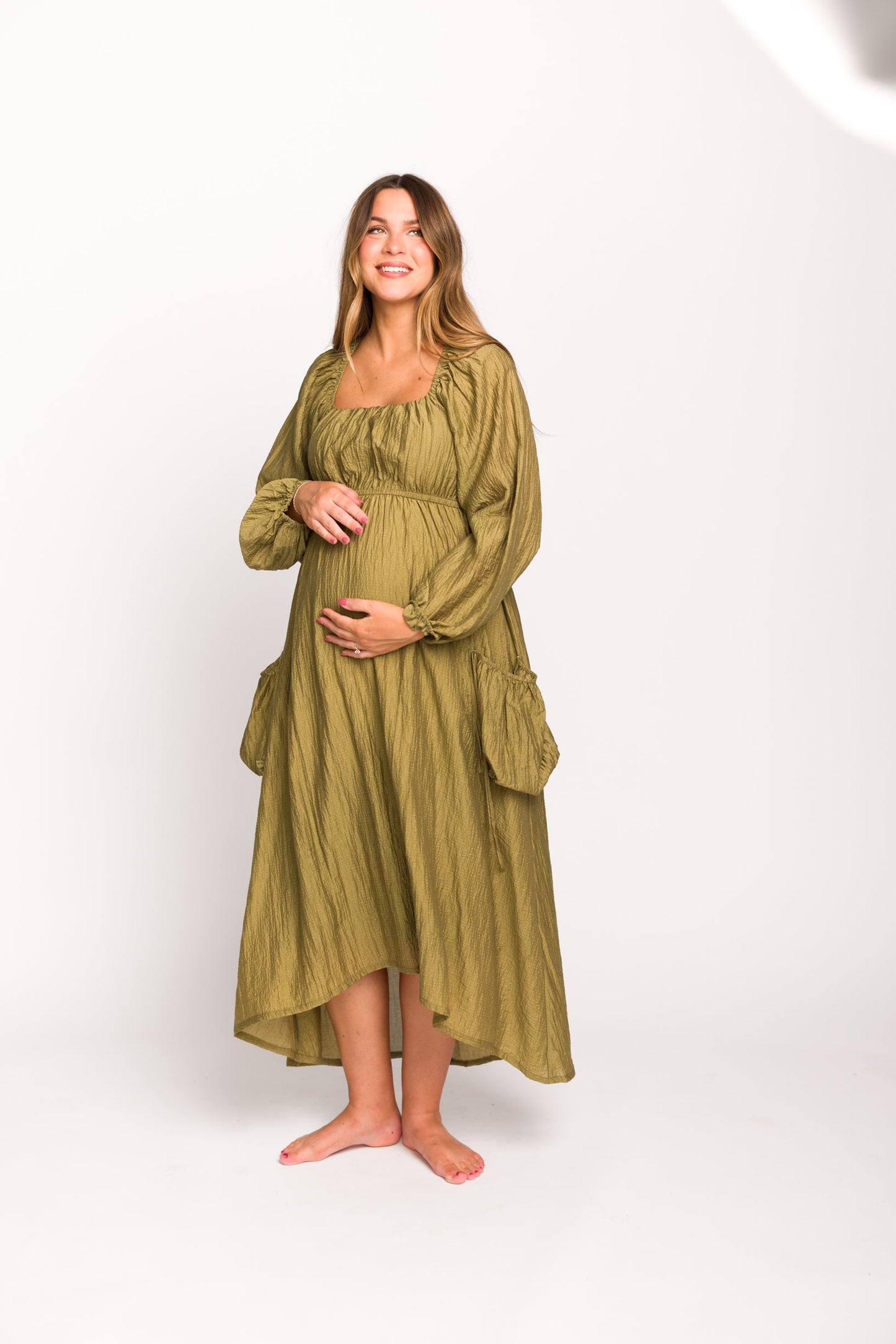 Ariana Long Sleeved Maxi Dress with Slouchy Pocket in Olive