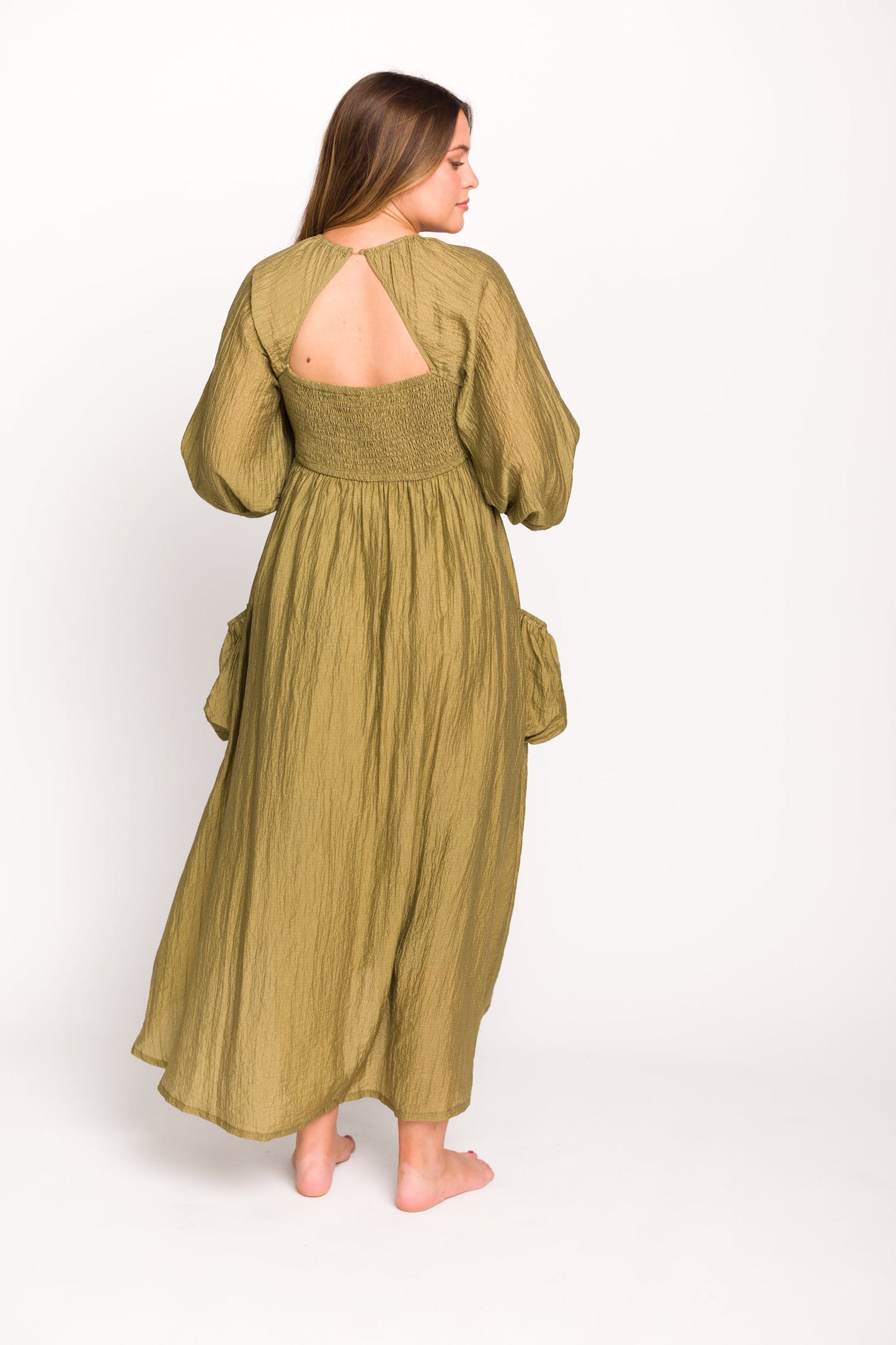 Ariana Long Sleeved Maxi Dress with Slouchy Pocket in Olive