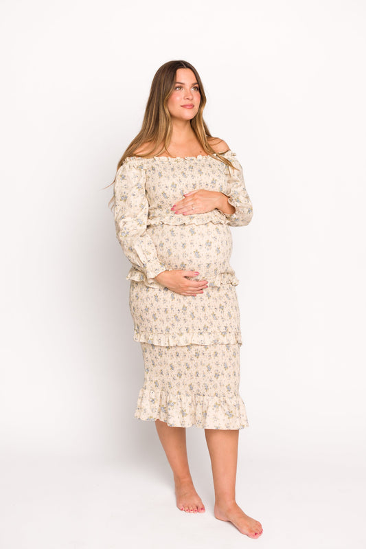 Lila Floral Printed Smocked Midi Dress in Blue - Bump Friendly