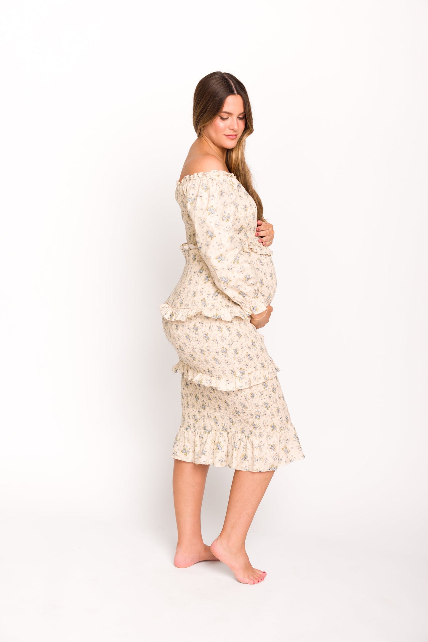 Lila Floral Printed Smocked Midi Dress in Blue - Bump Friendly